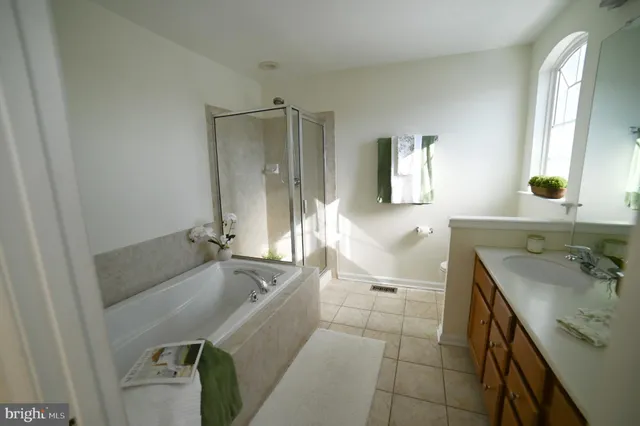 a bathroom with a tub sink and mirror