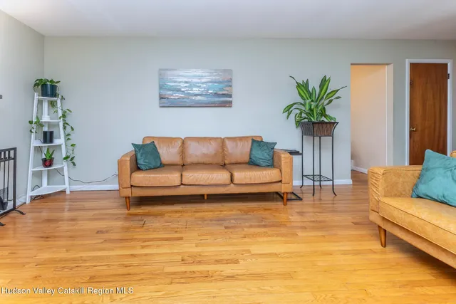 a living room with furniture and a potted plant
