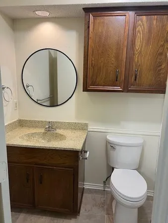 a bathroom with a toilet a sink and mirror