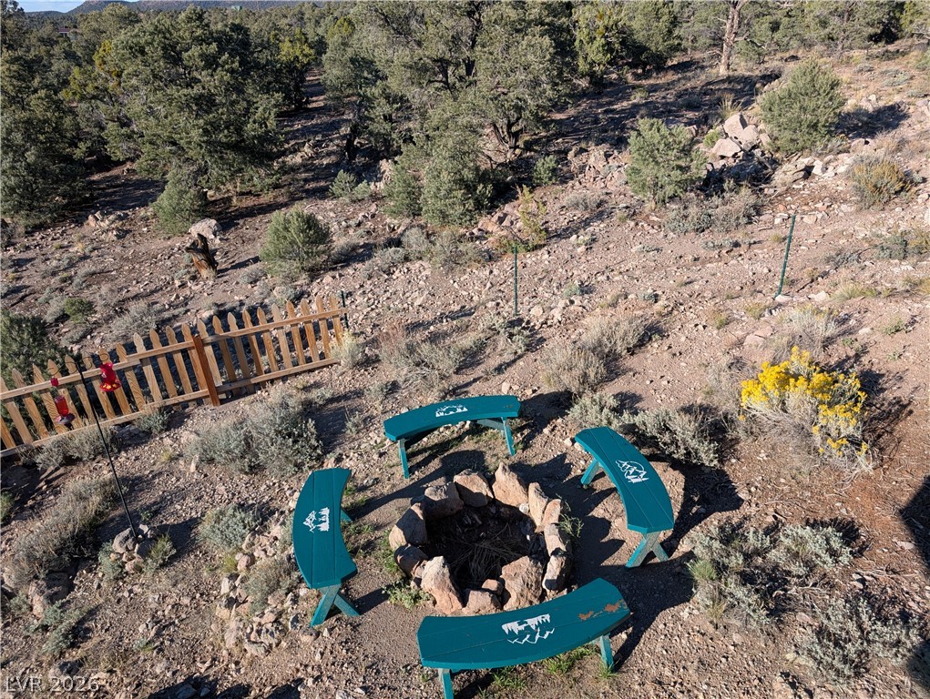 20502 Windsong Road Pioche, NV 89043 - Photo 19 of 30 A stone fire pit occupies a natural clearing surrounded by native trees and wild terrain.