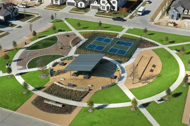 an aerial view of a backyard