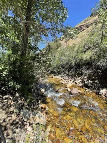a view of a yard with snow on the road