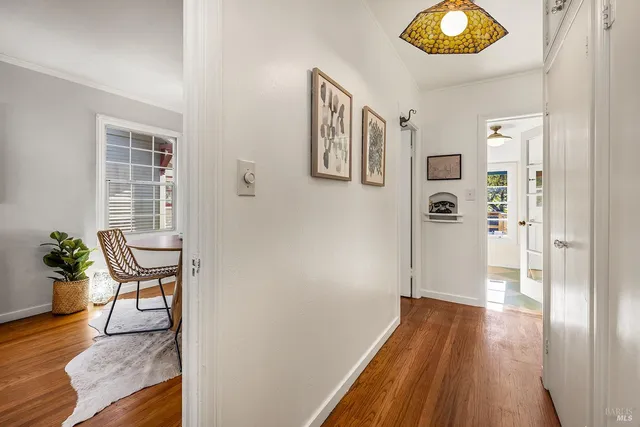 a view of a hallway with wooden floor and a potted plant