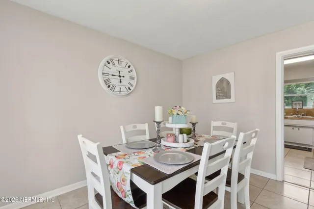 a view of a dining room with furniture and window