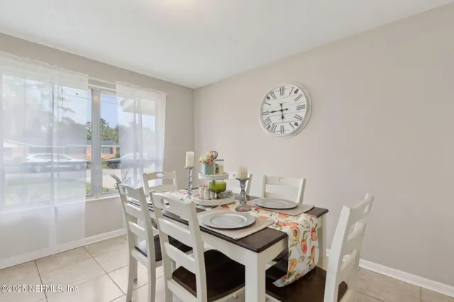a view of a dining room with furniture window and outside view