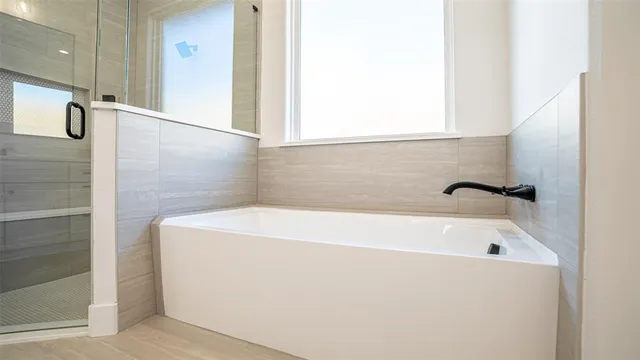a bathroom with a bathtub