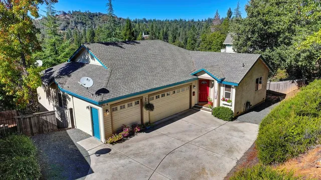 a aerial view of a house with a yard and large tree