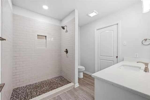 a bathroom with a sink a toilet and shower