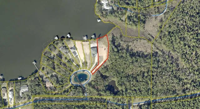 an aerial view of a house with a yard and lake view