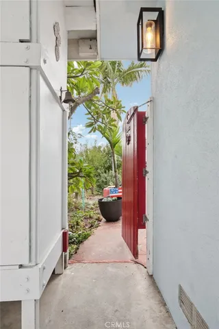 a view of a backyard with plants and a patio