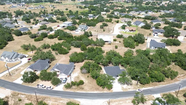 an aerial view of residential houses with outdoor space and trees