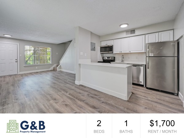 1200 Banister Lane, Unit 2 Austin, TX 78704 - Photo 1 of 14 a view of kitchen with stainless steel appliances refrigerator stove microwave and cabinets