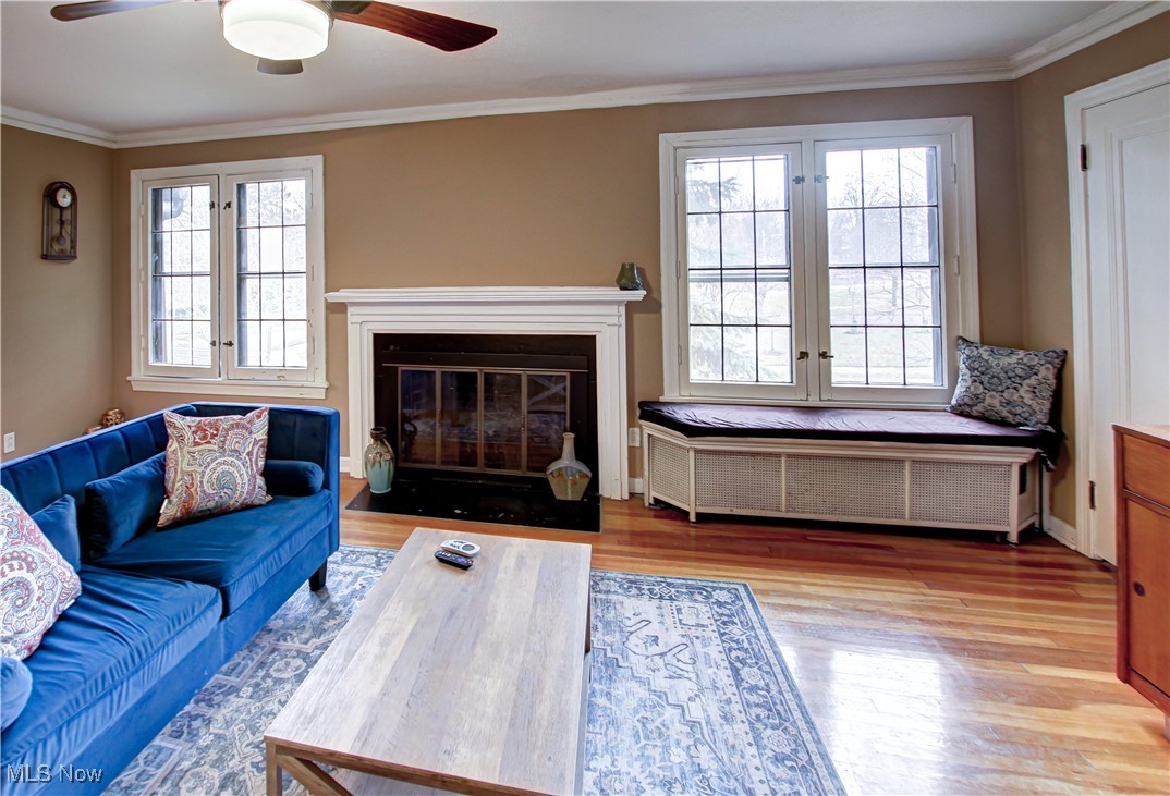 17800 Winslow Road Beachwood, OH 44122 - Photo 25 of 31 Living room featuring ornamental molding, plenty of natural light, light hardwood / wood-style floors, and radiator heating unit