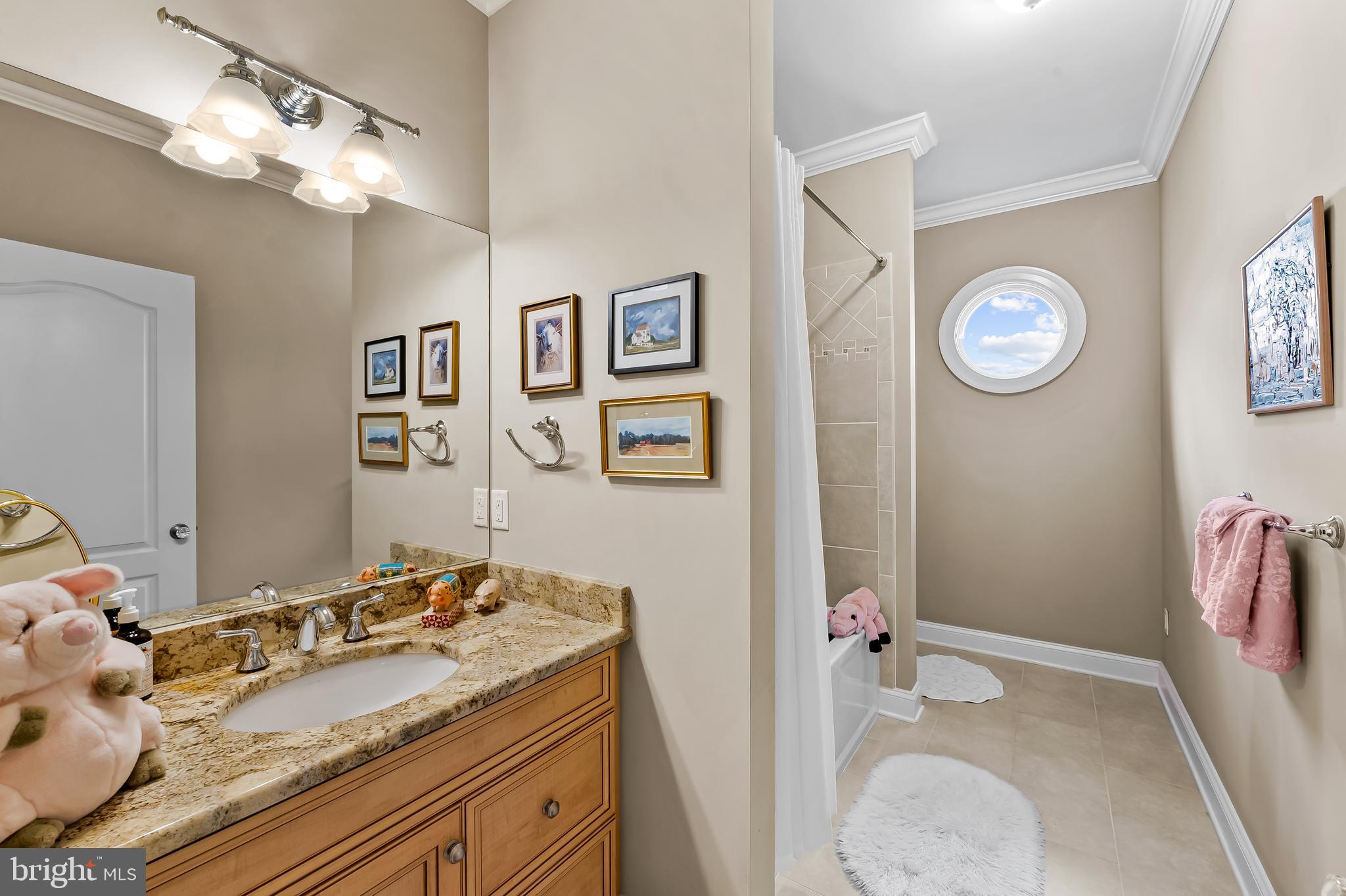2049 Corbett Road Monkton, MD 21111 - Photo 46 of 66 a bathroom with a granite countertop sink a mirror and vanity