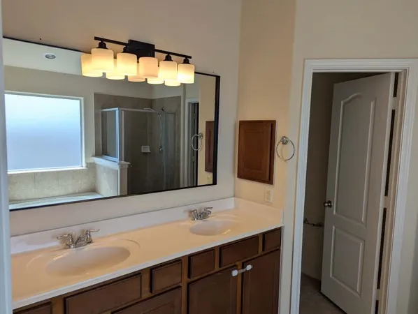 a bathroom with a sink vanity and a mirror