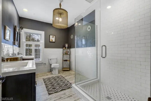 a bathroom with a sink a toilet and shower