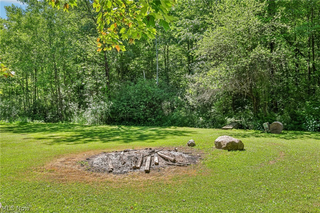 2960 Rome Rock Creek Road Rock Creek, OH 44084 - Photo 46 of 49 Expansive grassy lawn area featuring a ground-level fire pit with logs, surrounded by mature trees and natural foliage