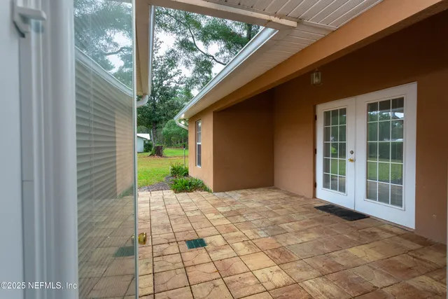 a backyard of a house with plants and large tree