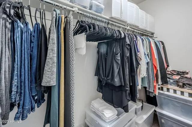 a view of walk in closet with clothes and shoes