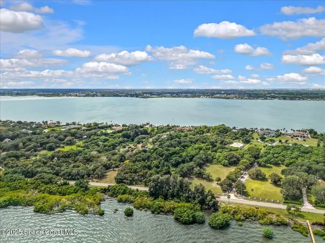 an aerial view of a residential houses with outdoor space and trees in the back