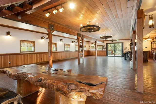 a view of a room with lots of wooden furniture
