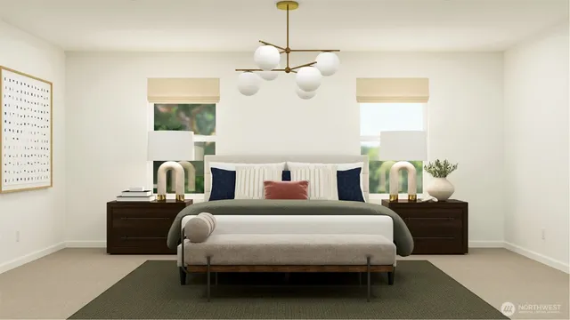 a bedroom with a bed and a table