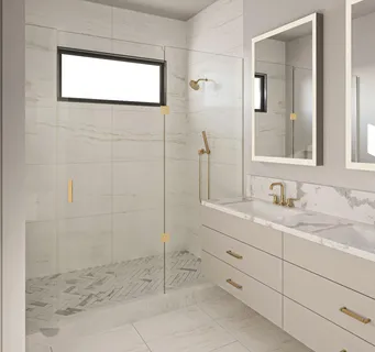 a bathroom with a granite countertop sink a mirror and a shower