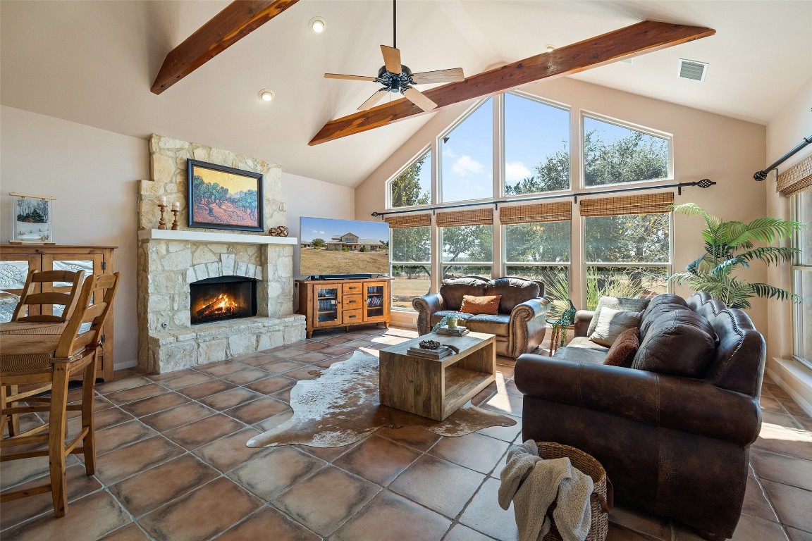 1120 Canyon View Road Dripping Springs, TX 78620 - Photo 10 of 40 a living room with furniture a fireplace and a floor to ceiling window