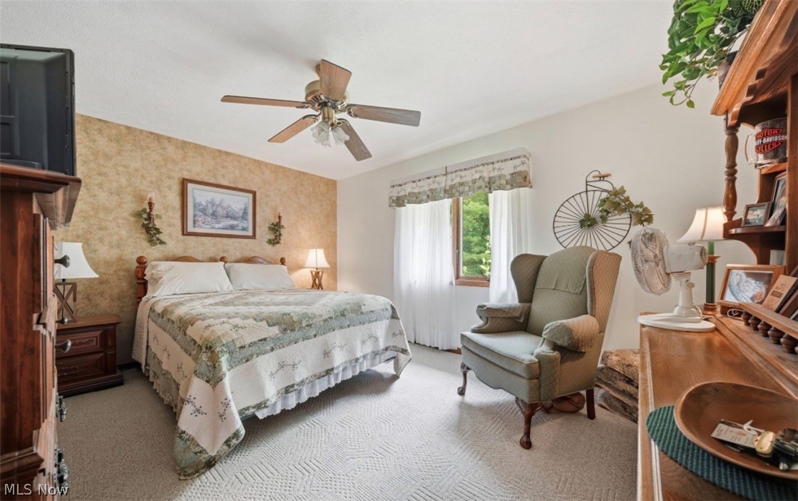 3556 Lake Road Conneaut, OH 44030 - Photo 34 of 39 Carpeted bedroom featuring a ceiling fan, a window with white sheers, and a textured accent wall
