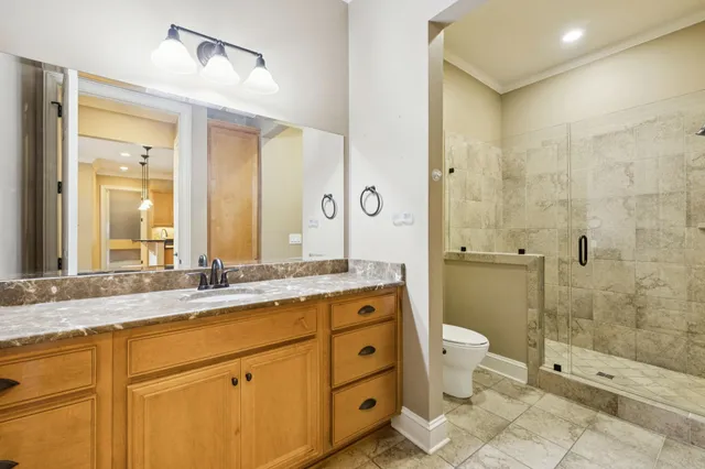 a bathroom with a granite countertop sink toilet and shower