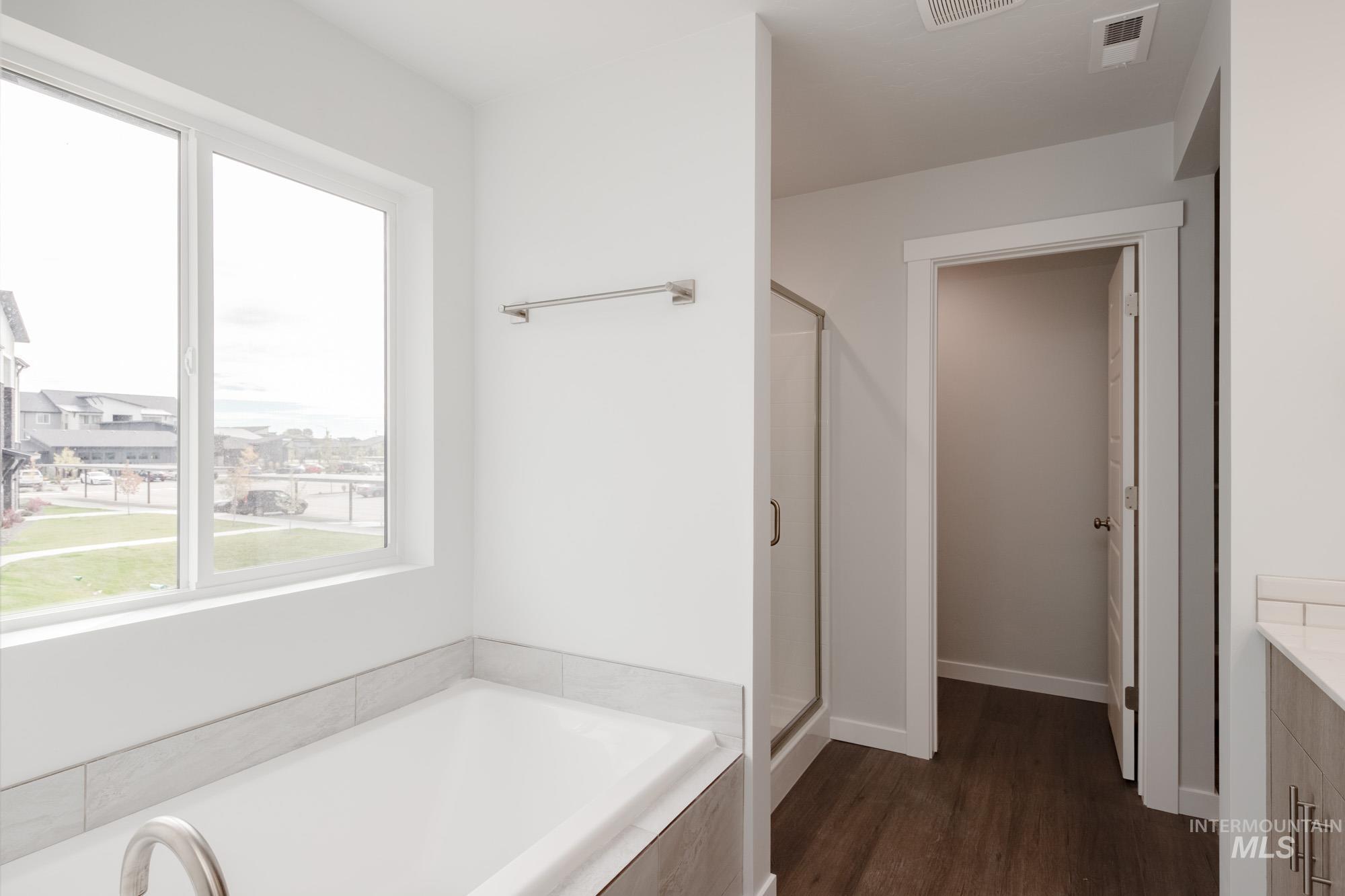 910 North Mirror Creek Way Meridian, ID 83642 - Photo 18 of 27 Bathroom with vanity, a shower stall, a garden tub, and dark wood-style flooring