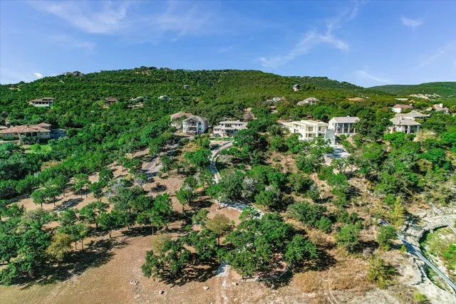 a view of a park with large trees