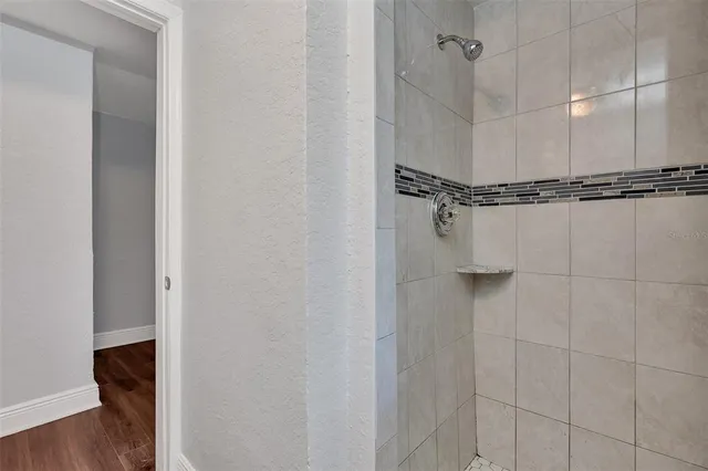 a close view of a bathroom shower