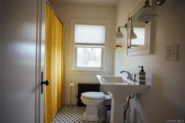 a bathroom with a sink a toilet and a mirror