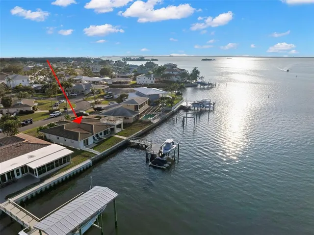 a view of a lake with boats and trees in the background