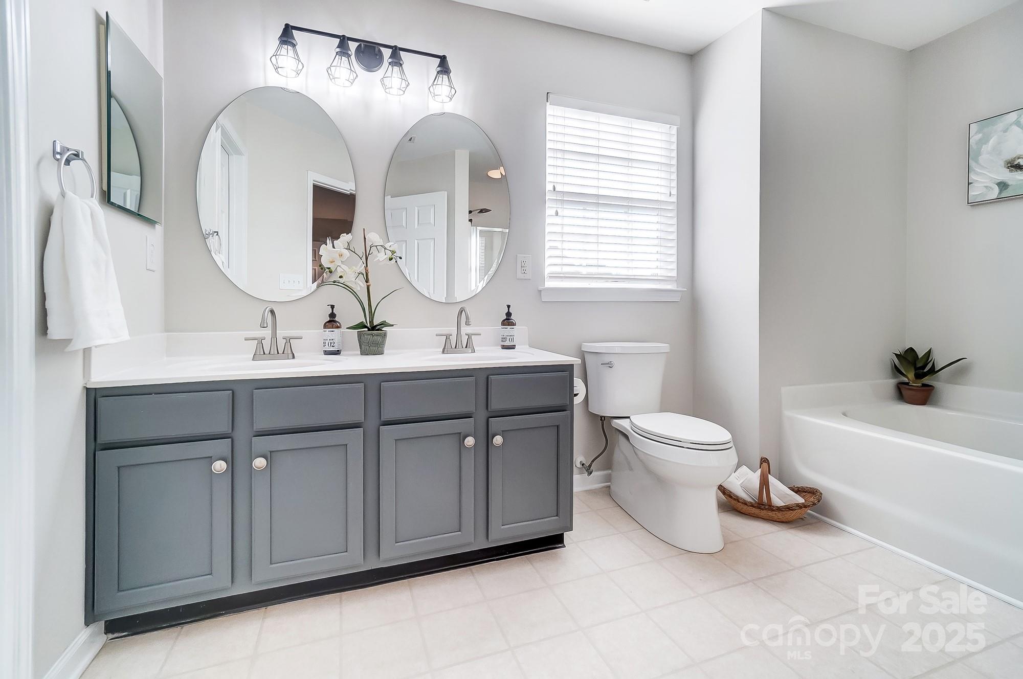 7647 Black Hawk Lane Tega Cay, SC 29708 - Photo 24 of 42 a bathroom with a double vanity sink a mirror and a bathtub