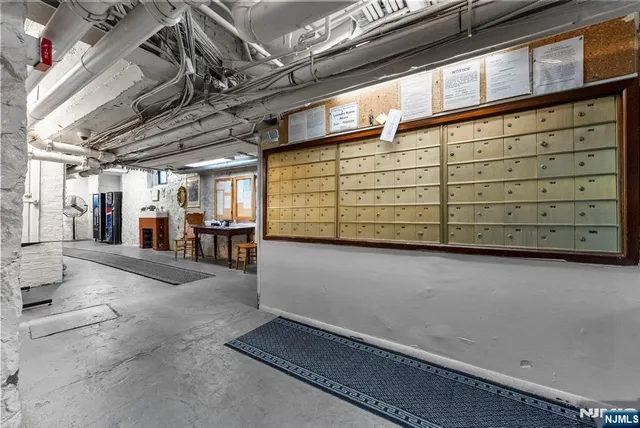 a view of a garage with storage