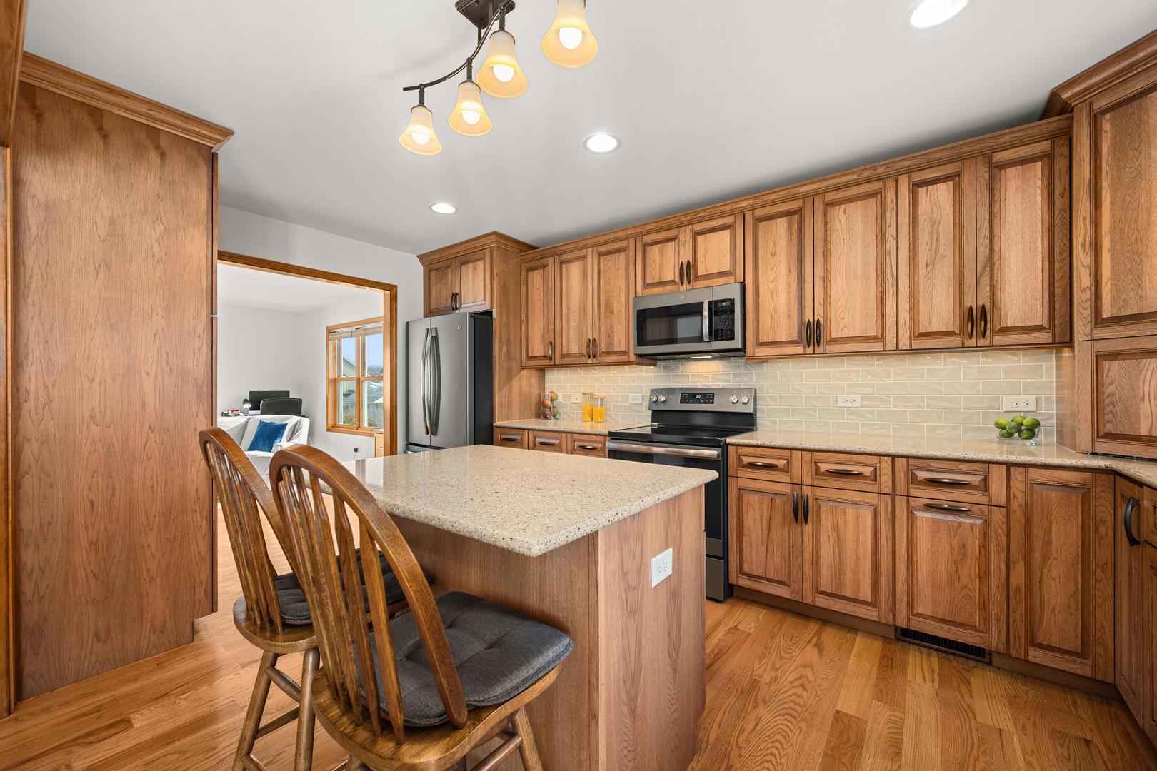 1012 Joshua Lane Genoa, IL 60135 - Photo 17 of 36 a kitchen with stainless steel appliances granite countertop white cabinets a sink dishwasher a stove and a refrigerator with wooden floor