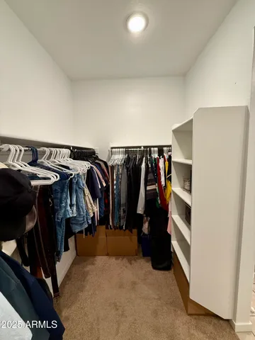 a view of walk in closet with clothes and shoes