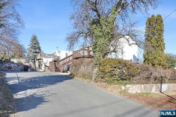 a view of a yard with plants and trees