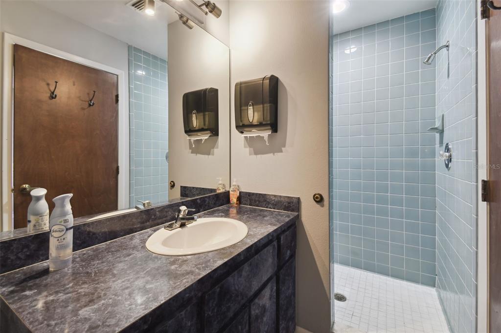 701 Enterprise Road East, Unit 100 Safety Harbor, FL 34695 - Photo 72 of 96 a bathroom with a granite countertop sink a mirror and shower