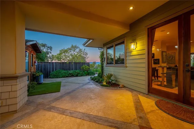 a balcony with furniture and a potted plant