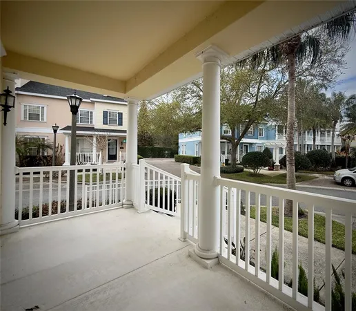 a view of a building from a porch