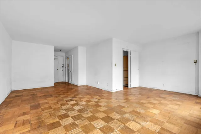 a view of a big room with closet and front door