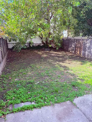 a view of a backyard with large trees
