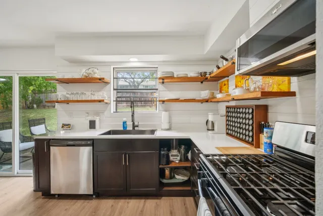 a kitchen with lots of counter top space