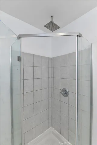 a bathroom with a shower and a glass door