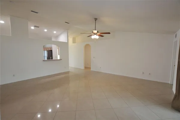 an empty room with a bathroom