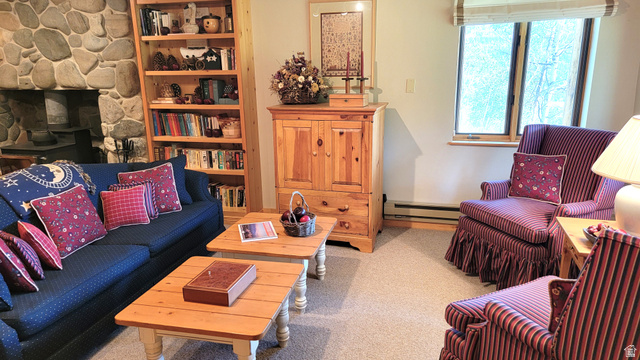 6210 Mountain View Road, Unit 133 Coalville, UT 84017 - Photo 55 of 87 Seating area with a media cabinet, roman shades, a built in bookcase and wool Berber carpet.
