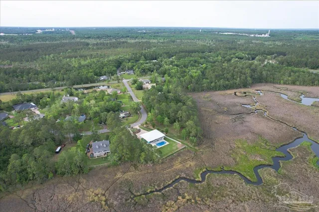 a view of a city with lush green forest
